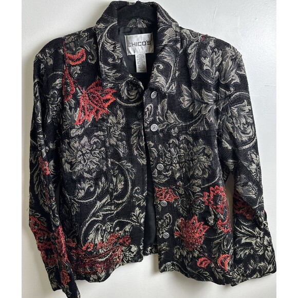 Women’s Chicos Embroidered Beaded Black Gold Red Blazer Jacket Career Size 1 - Picture 2 of 14